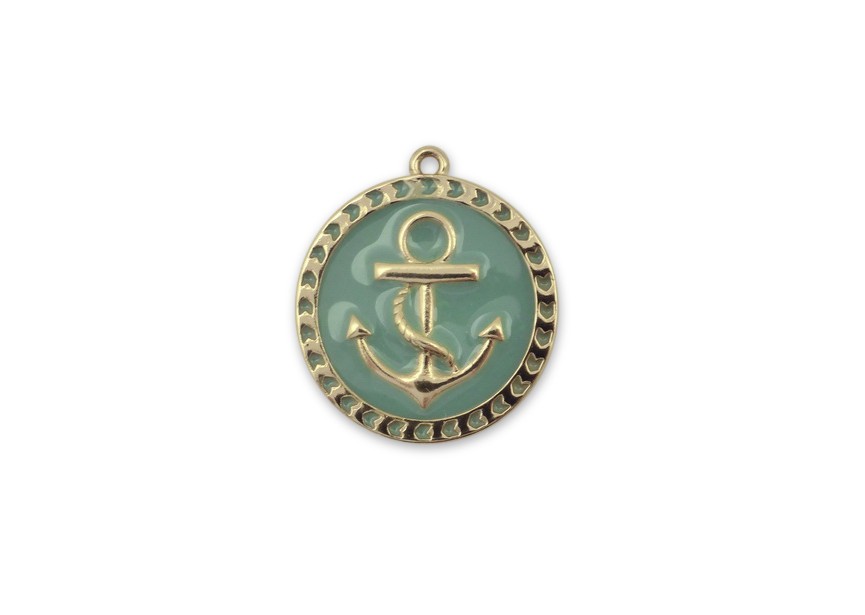 Pendant charm coin 25x22mm gold/turquoise