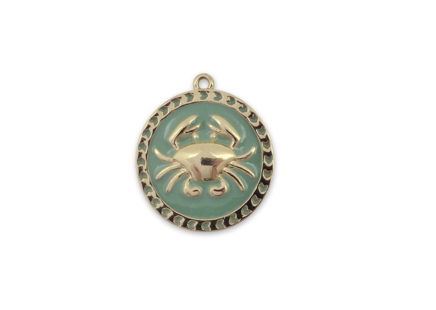 Pendant charm coin 25x22mm gold/turquoise