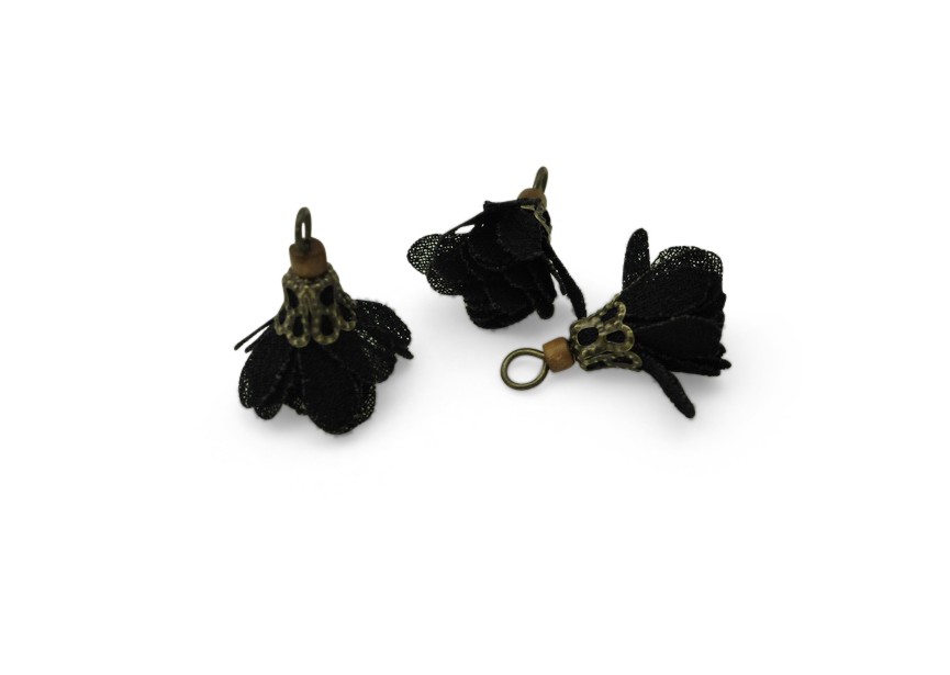 Hanger floche bloem 17mm zwart / oud goud