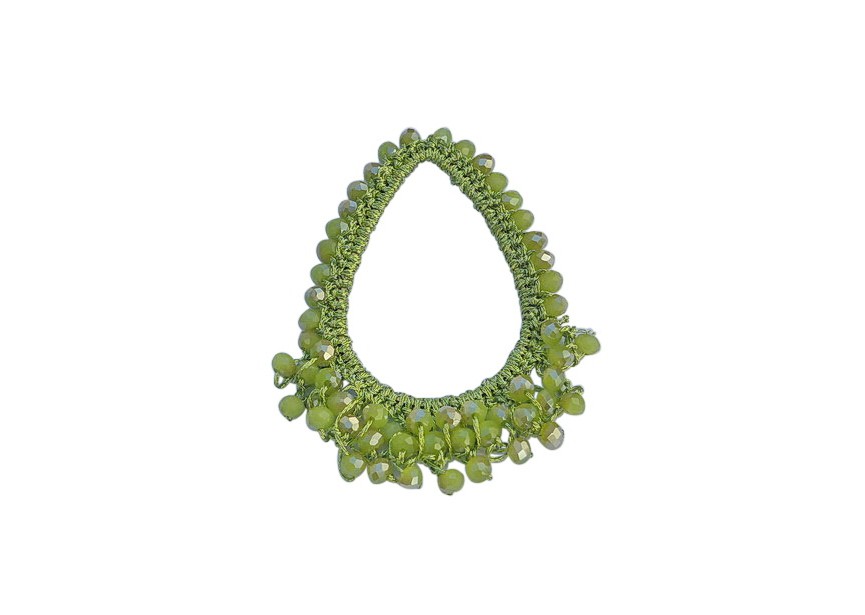 Pendant textile crocheted + crystal beads 60x48mm may green