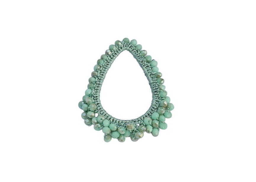 Pendant textile crocheted + crystal beads 60x48mm sea green