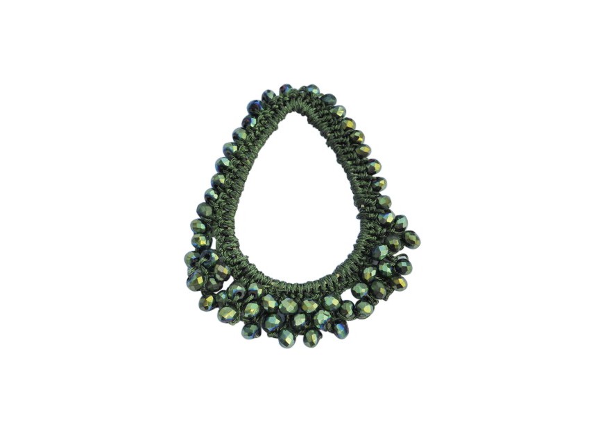 Pendant textile crocheted + crystal beads 60x48mm fir green