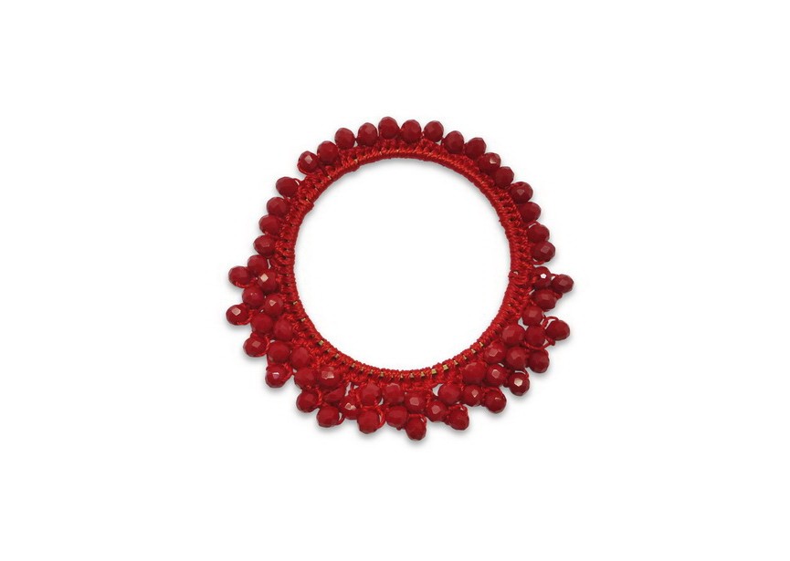 Pendant textile crocheted + crystal beads 60/40mm red