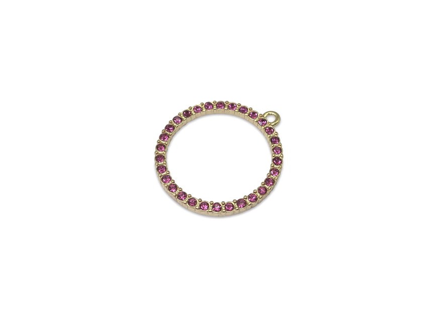 Hanger cirkel + strass roze 28x25mm goud