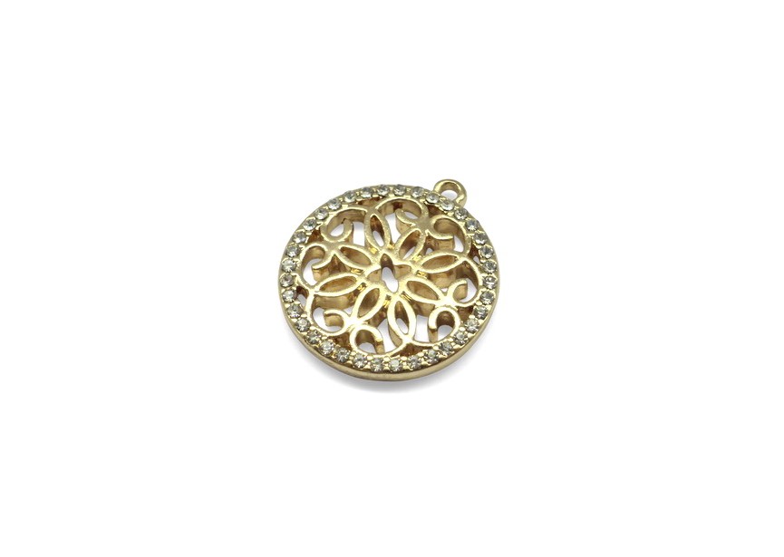 Pendant coin with rhinstone transparent 23x20mm gold