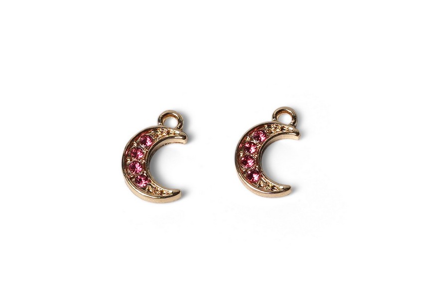 Pendant moon + strass pink 12x8mm Gold