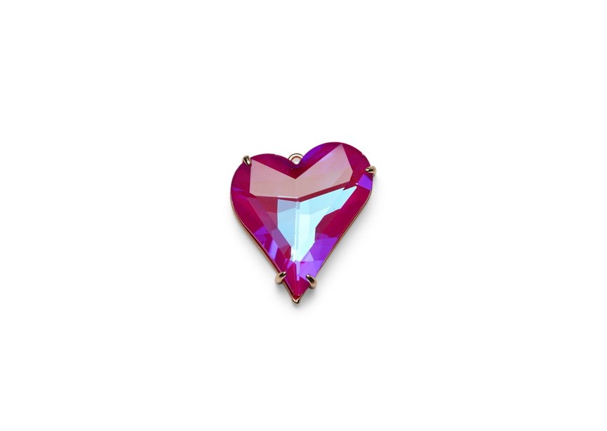 Pendant Glass faceted heart 27x25 Gold/ dark pink